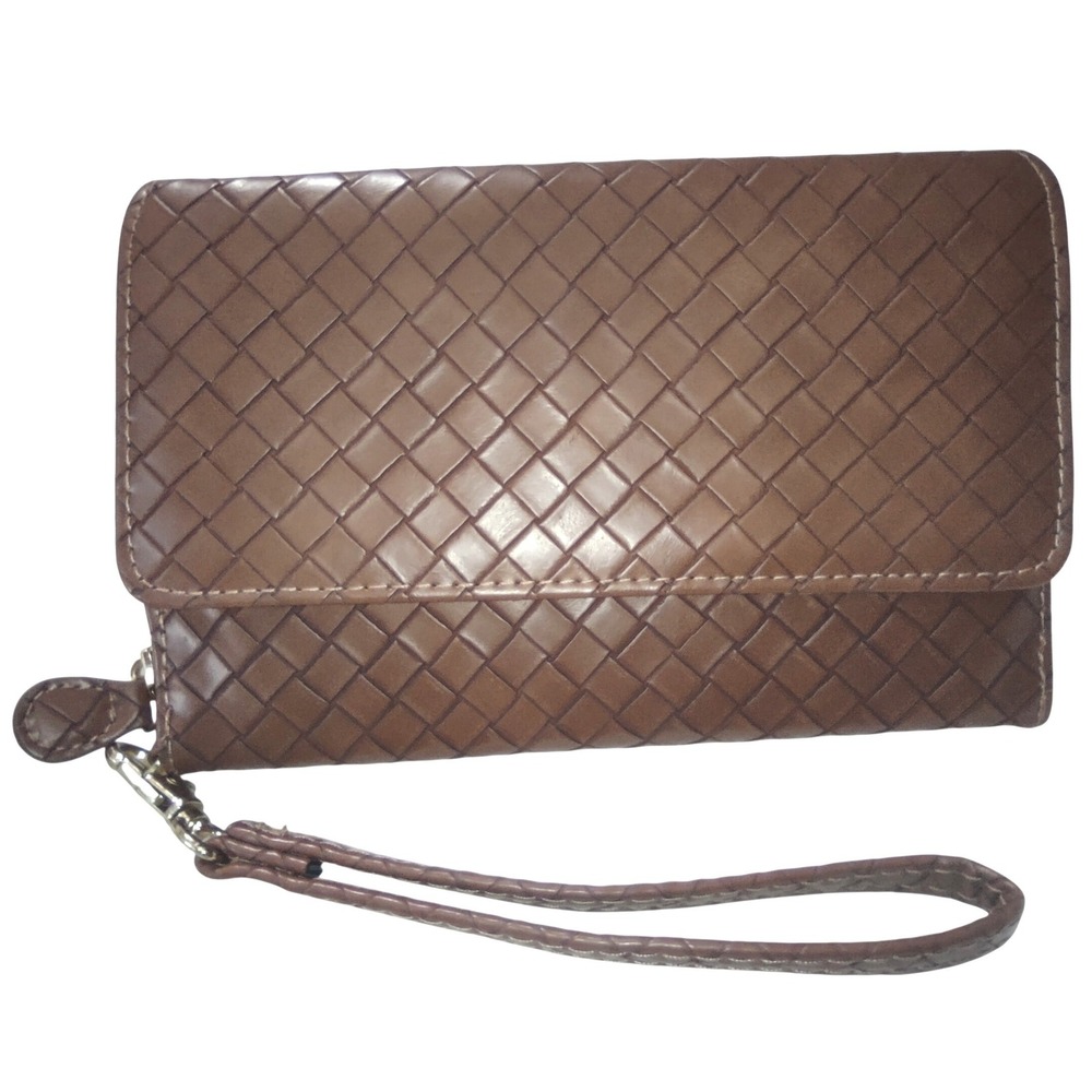 Mundi Woven Checkbook Wallet Brown Faux Leather RFID Protected Wristlet